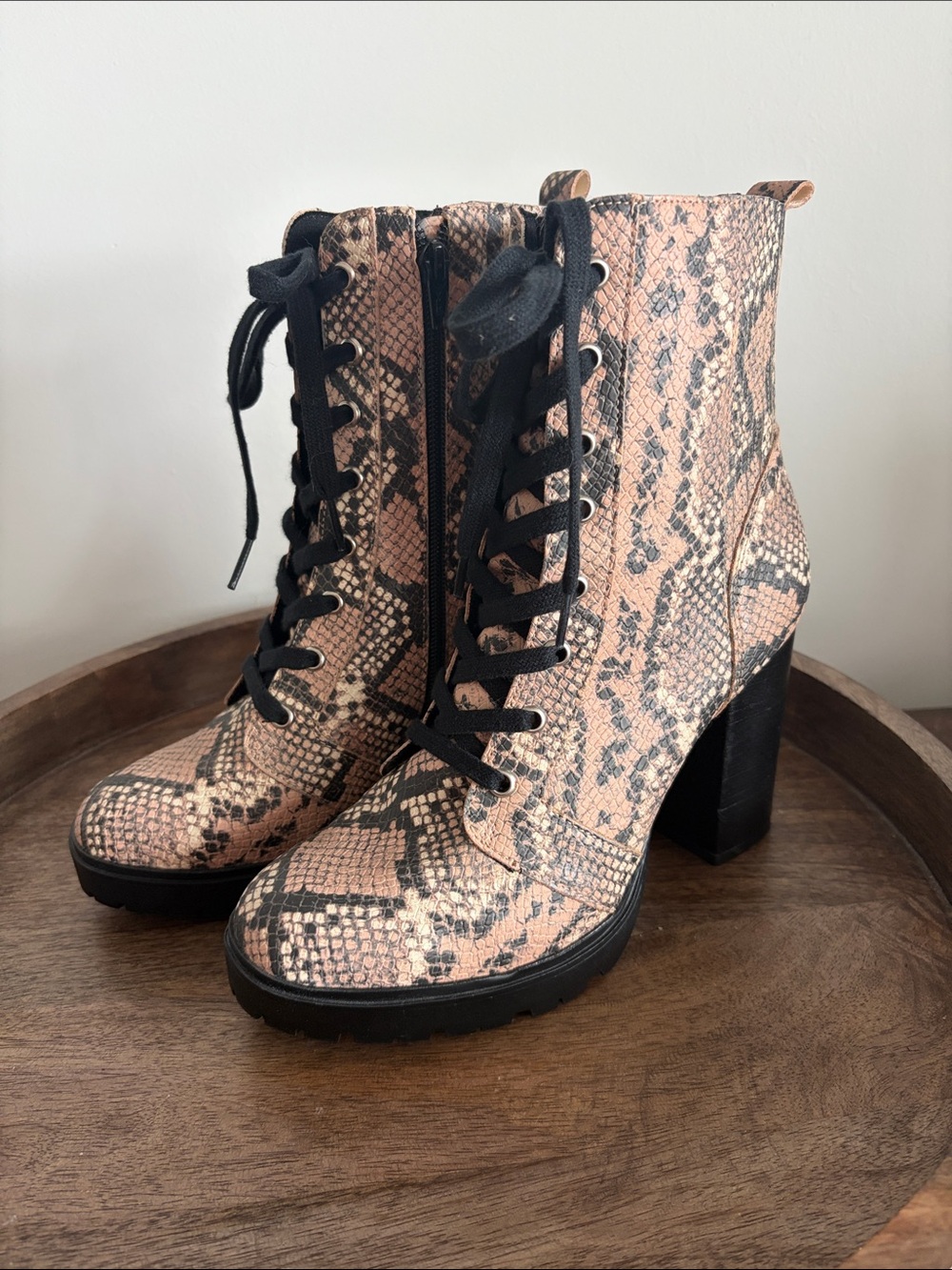 Steve Madden Women's Snake-Print Lace-Up Block Heel Ankle Boots